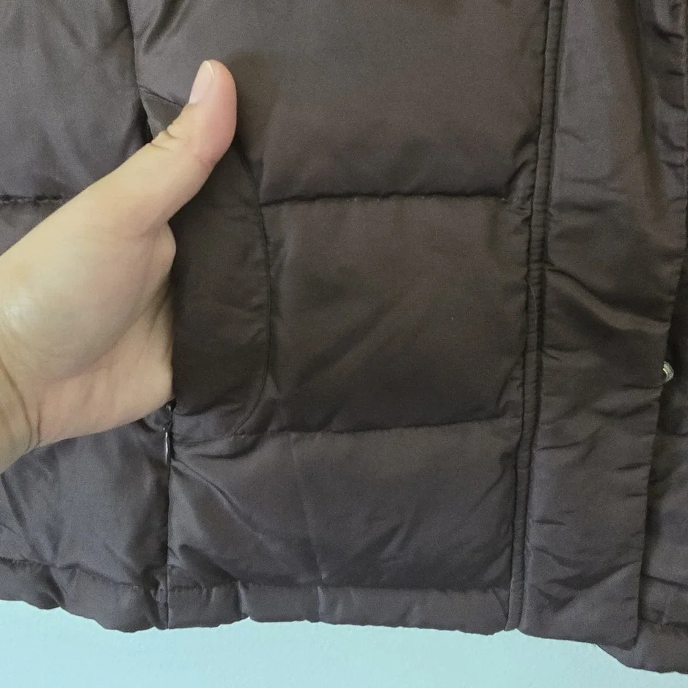 VTG Talbots Goose Down Puffer Vest Brown Full Zip Outdoor Removable Hood Large